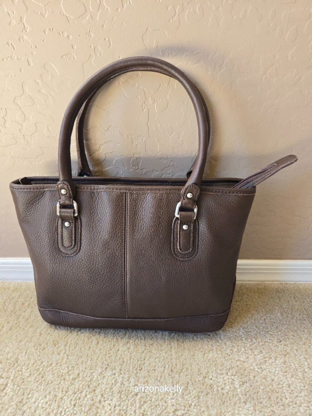 NWOT L.L. Bean Leather Satchel Purse Bag Handbag Brown Pinstripe Lining - Picture 2 of 15